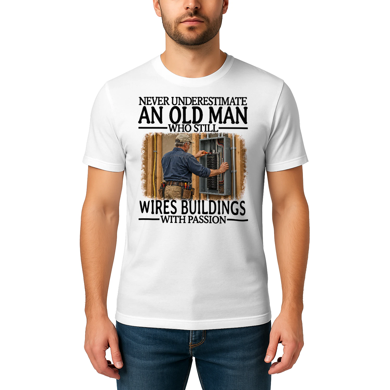 Wires Buildings Old Man With Passion Electrician T Shirt AOM0569