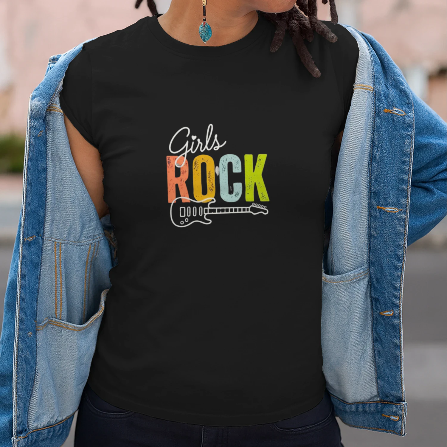 Women's Girls Rock Rock'n Roll Girl Rocker Guitar V-Neck T-Shirt