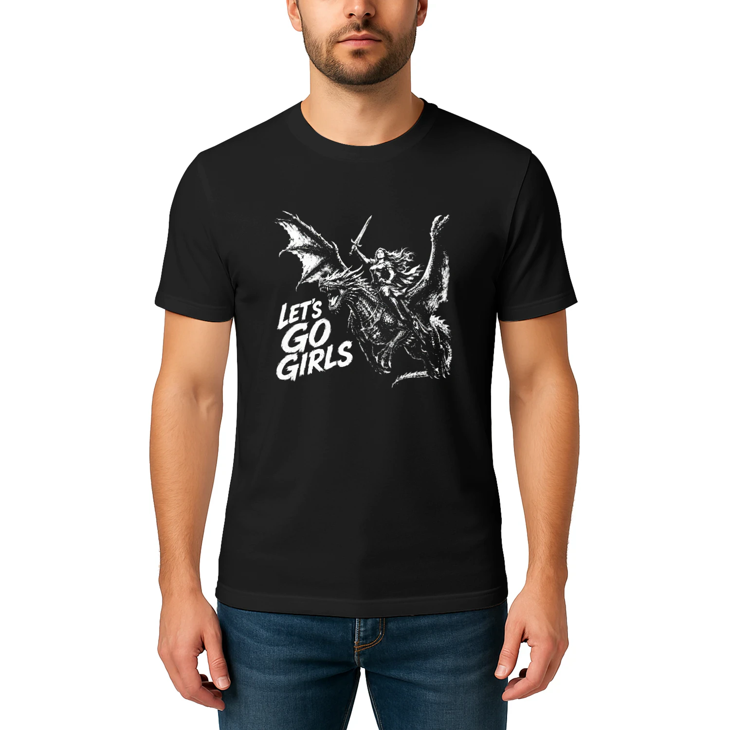 "Let's Go Girls" Dragon Rider Warrior Woman Fantasy Graphic Crew Neck T-shirt