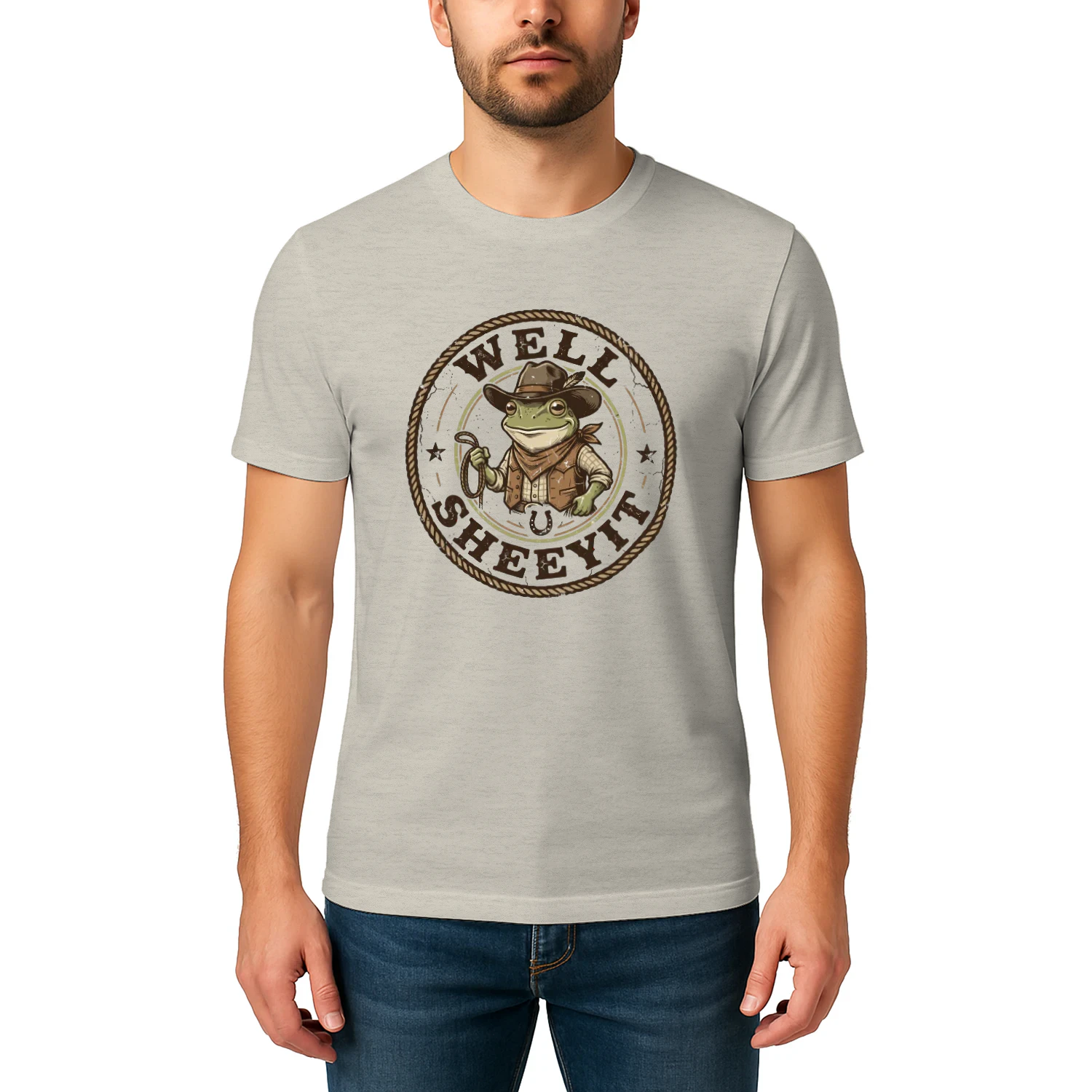 "Well Sheeyit" Cowboy Frog Vintage Country Western Meme Graphic Crew Neck T-shirt