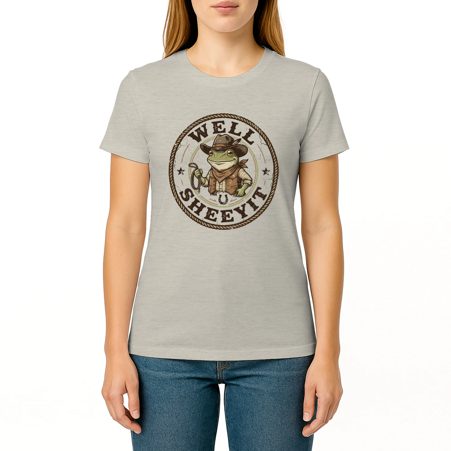 "Well Sheeyit" Cowboy Frog Vintage Country Western Meme Graphic Crew Neck T-shirt