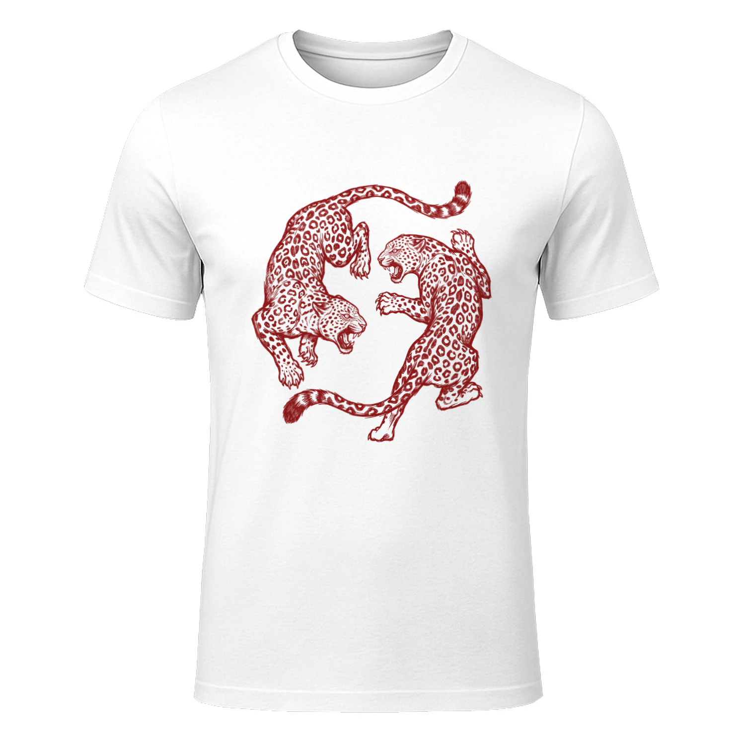 Vintage Red Engraved Fighting Leopards Wild Jungle Graphic Classic T-shirt