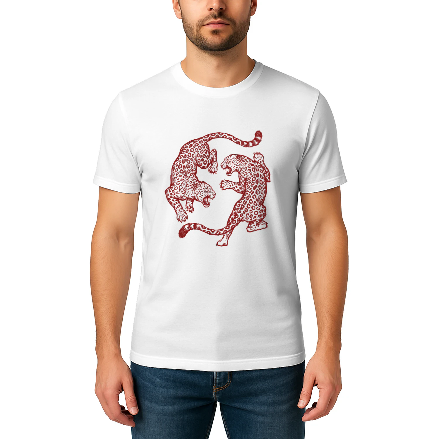 Vintage Red Engraved Fighting Leopards Wild Jungle Graphic Classic T-shirt