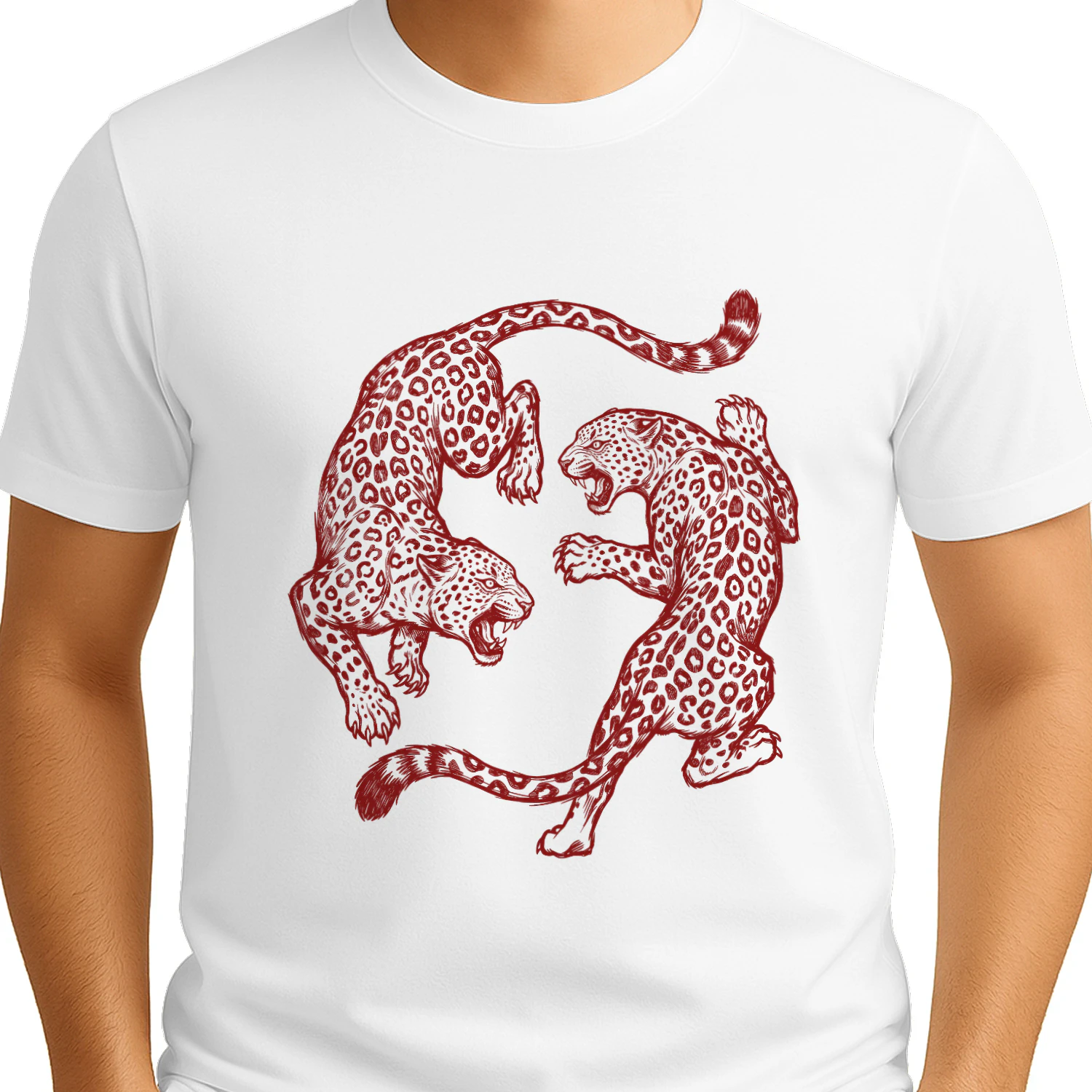 Vintage Red Engraved Fighting Leopards Wild Jungle Graphic Classic T-shirt