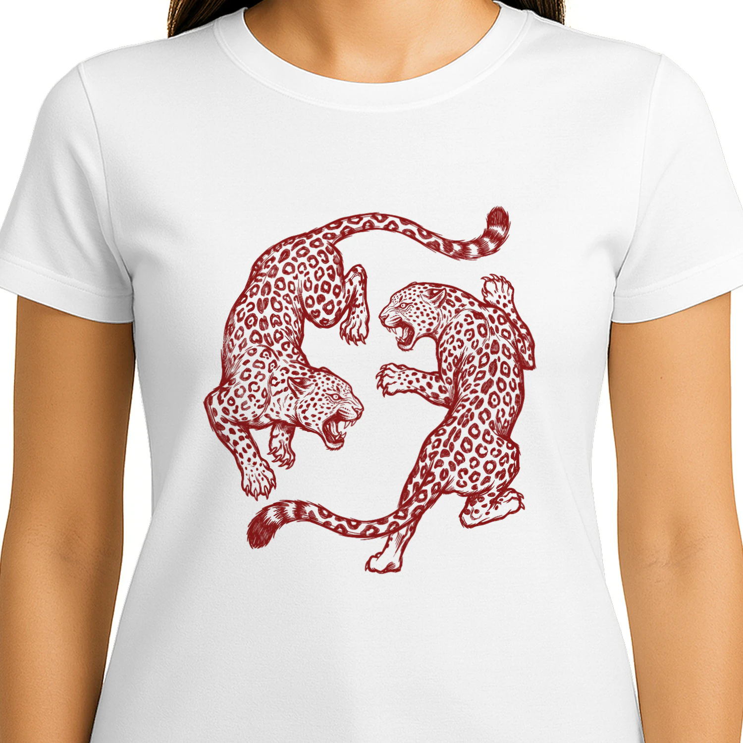 Vintage Red Engraved Fighting Leopards Wild Jungle Graphic Classic T-shirt