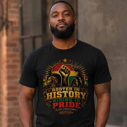 Rooted in History Rising in Pride Shirt – Black Excellence African American Pride Tee