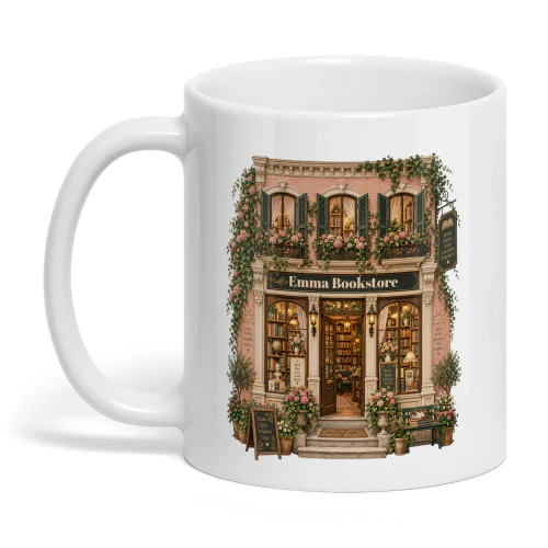 Emma Bookstore Mug, Cozy Book Lover Gift, Vintage Bookshop Aesthetic Mug, Bibliophile Coffee Cup, Literary Reading Gift