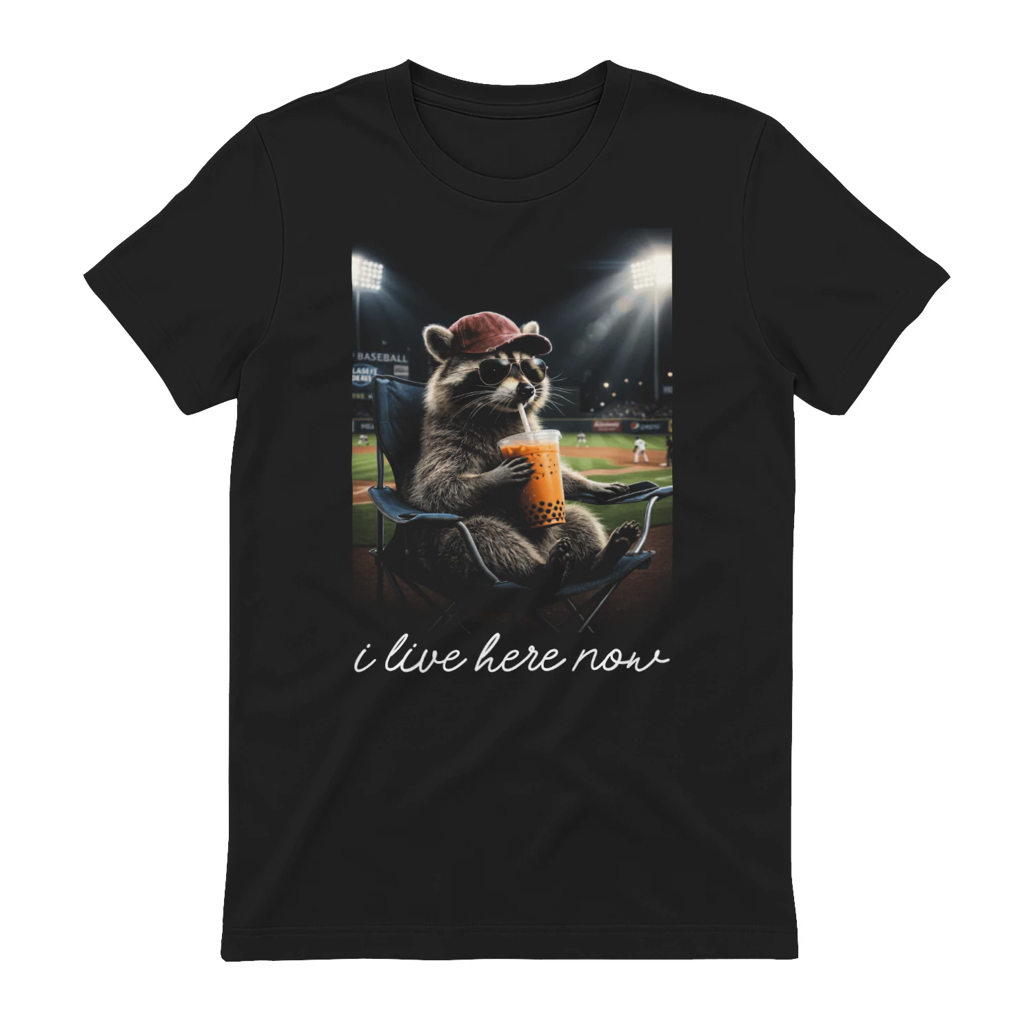 I Live Here Now Funny Raccoon Baseball Meme T-shirt