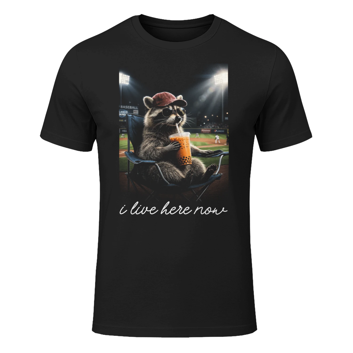 I Live Here Now Funny Raccoon Baseball Meme T-shirt