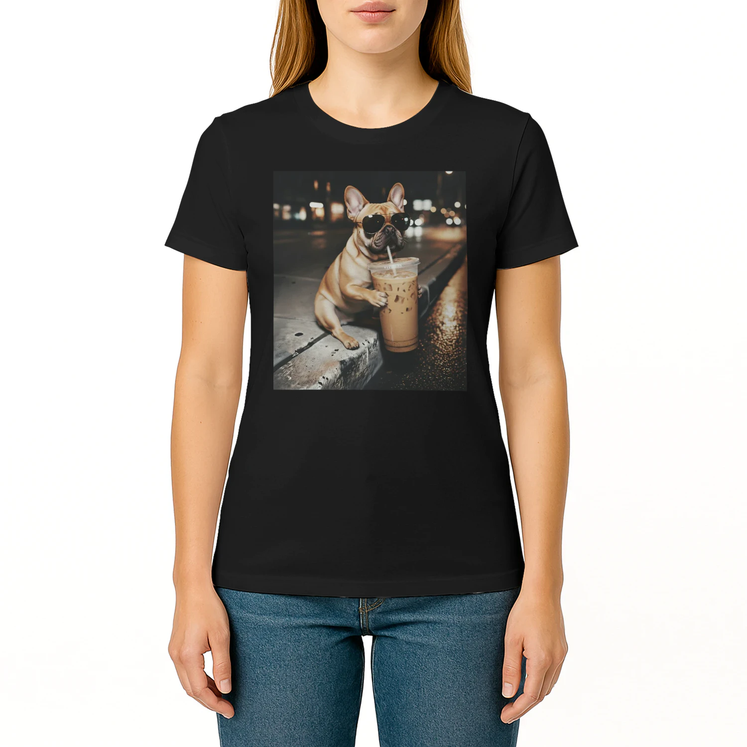 Funny French Bulldog Drinking Iced Coffee T-shirt