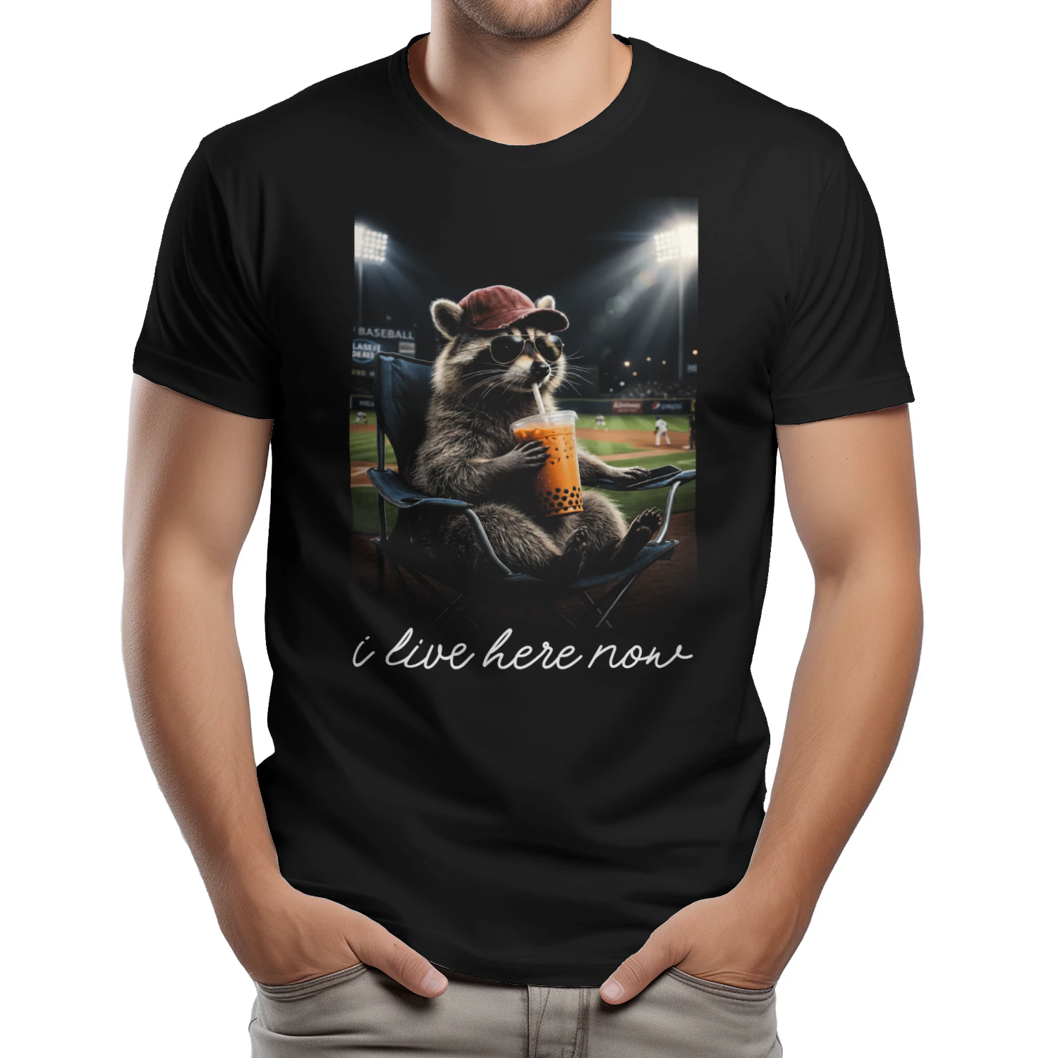 I Live Here Now Funny Raccoon Baseball Meme T-shirt