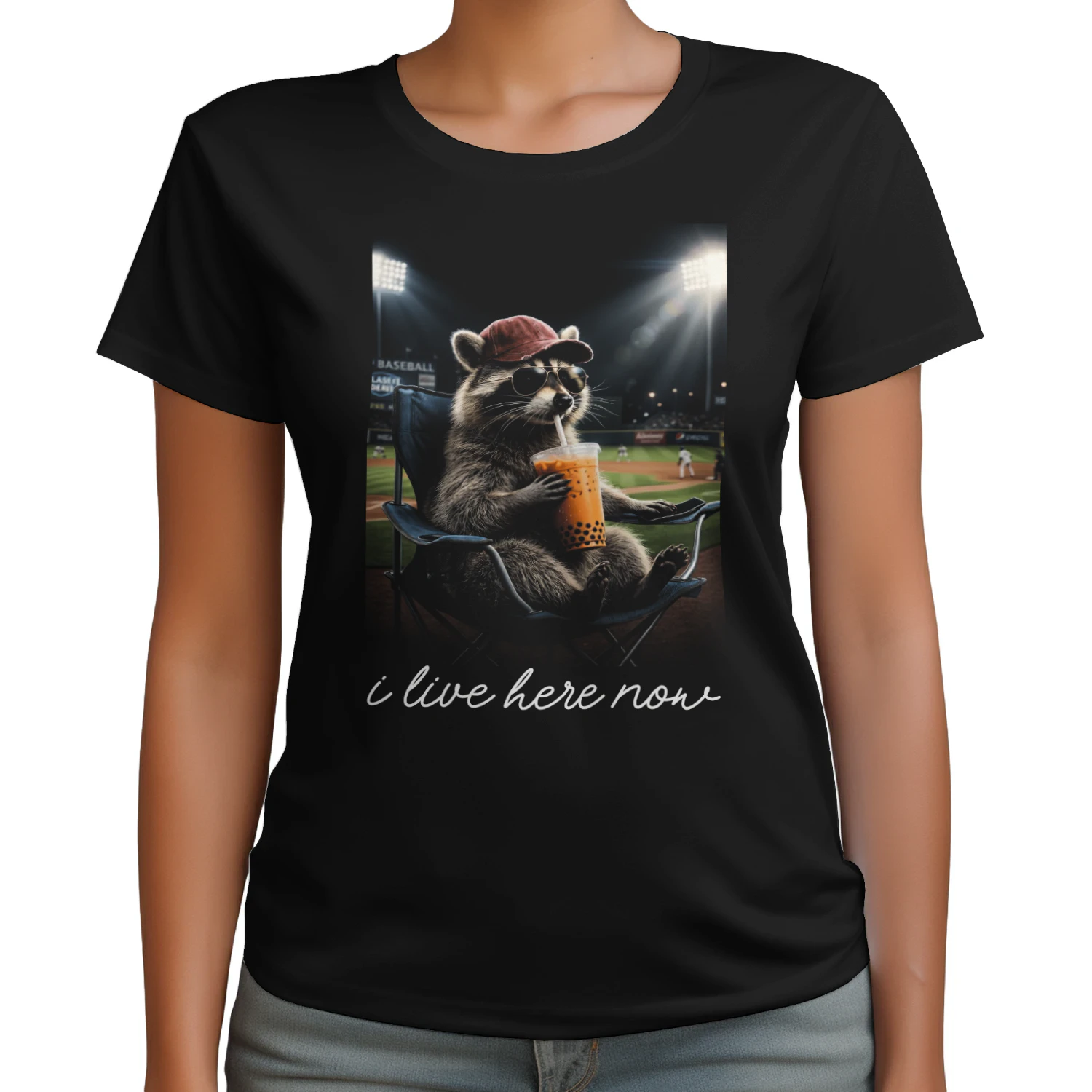 I Live Here Now Funny Raccoon Baseball Meme T-shirt