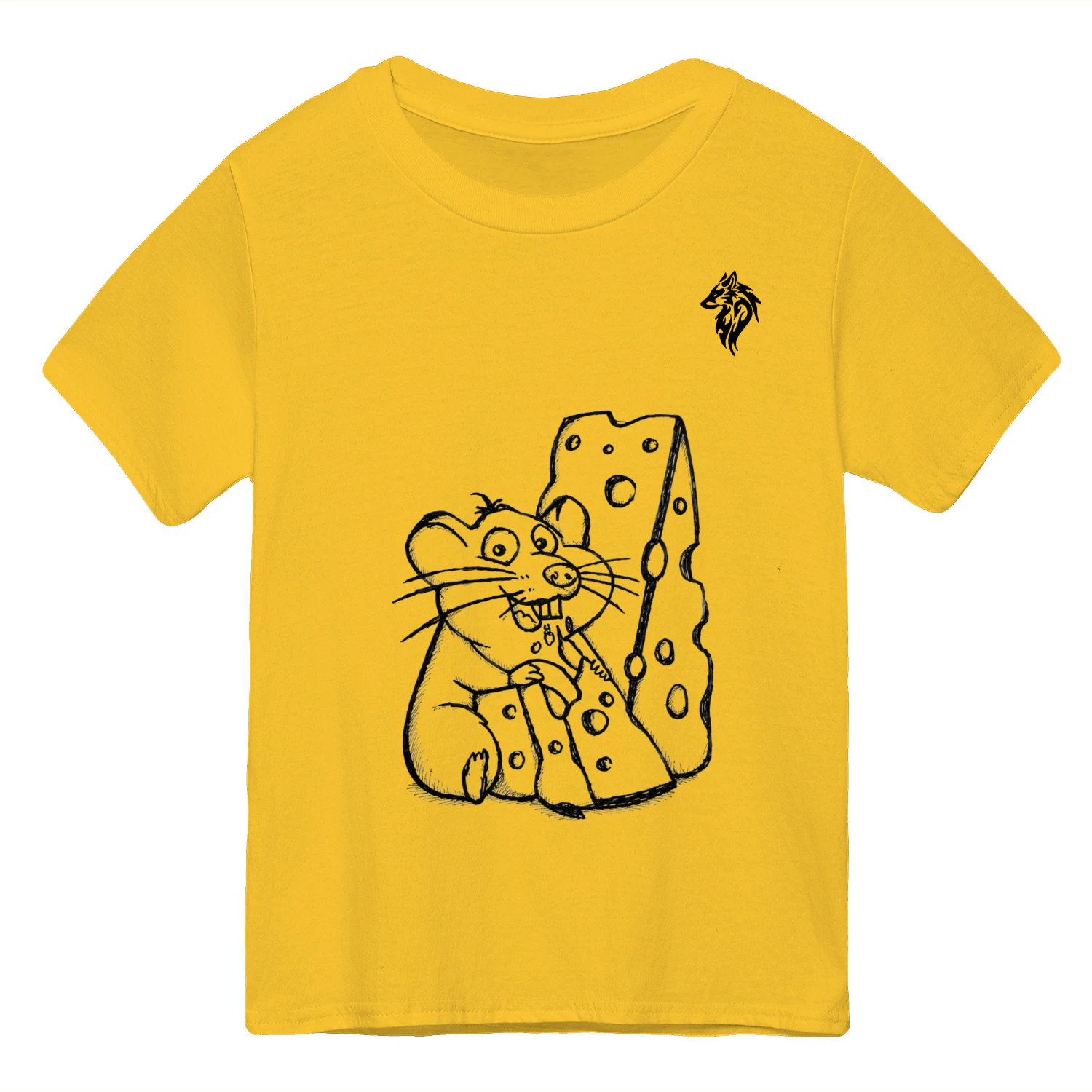 A charming hand-drawn mouse cuddling a giant slice of cheese featuring playful details and a cozy whimsical feel perfect for kids of all genders