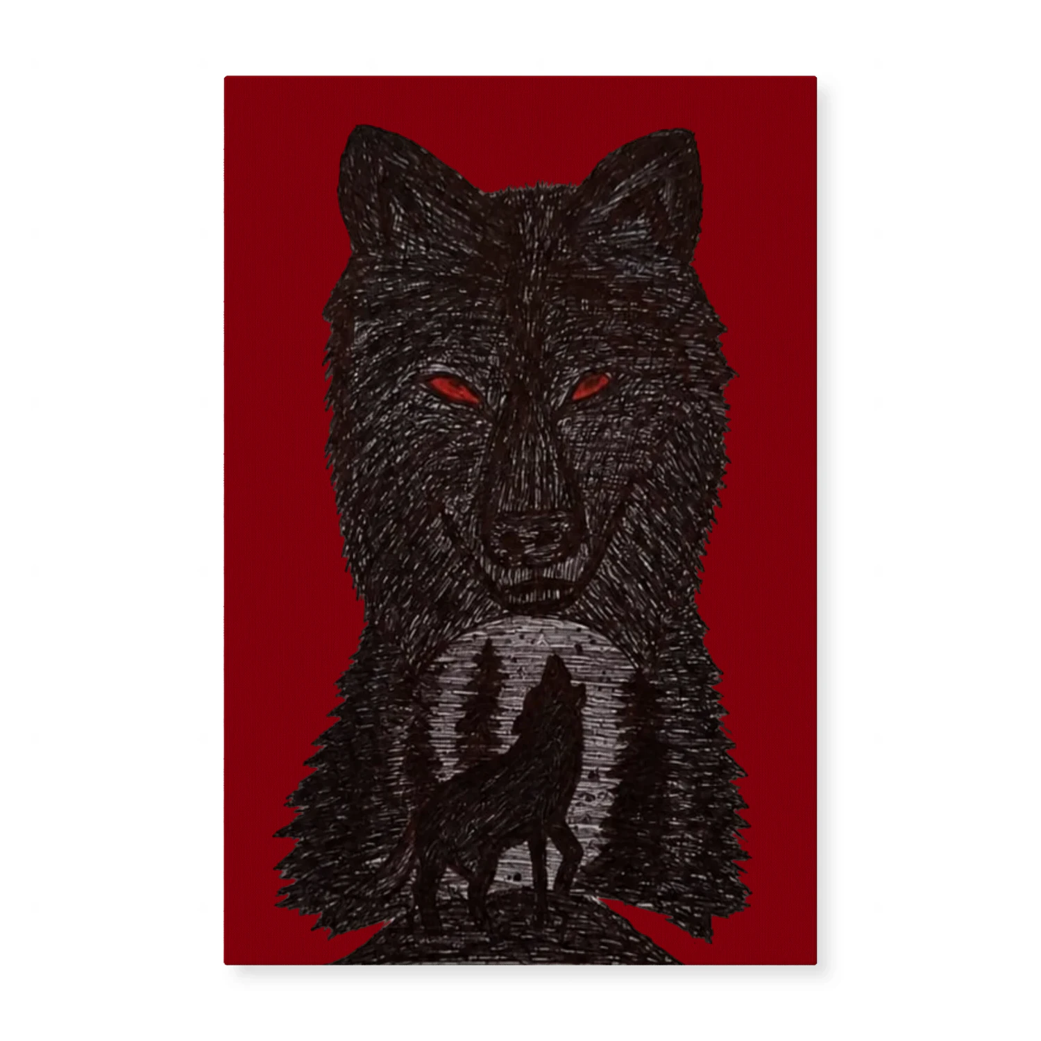 A hand-drawn wolf with glowing red eyes, embodying the untamed spirit of the wilderness and the mystery of the night.
