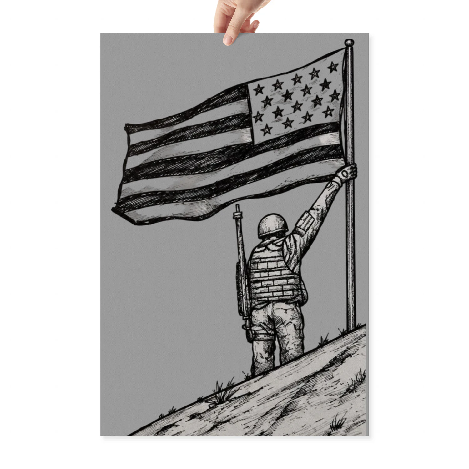 A bold hand-drawn illustration of a soldier raising the American flag, symbolizing courage, sacrifice, and unwavering patriotism