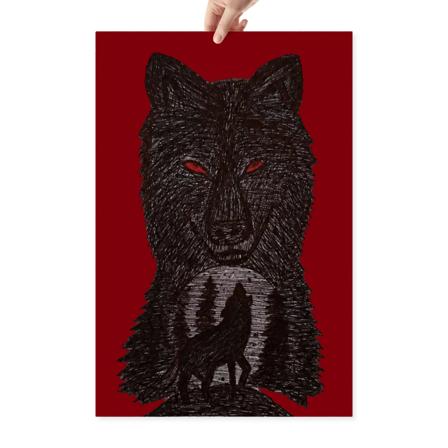 A hand-drawn wolf with glowing red eyes, embodying the untamed spirit of the wilderness and the mystery of the night.