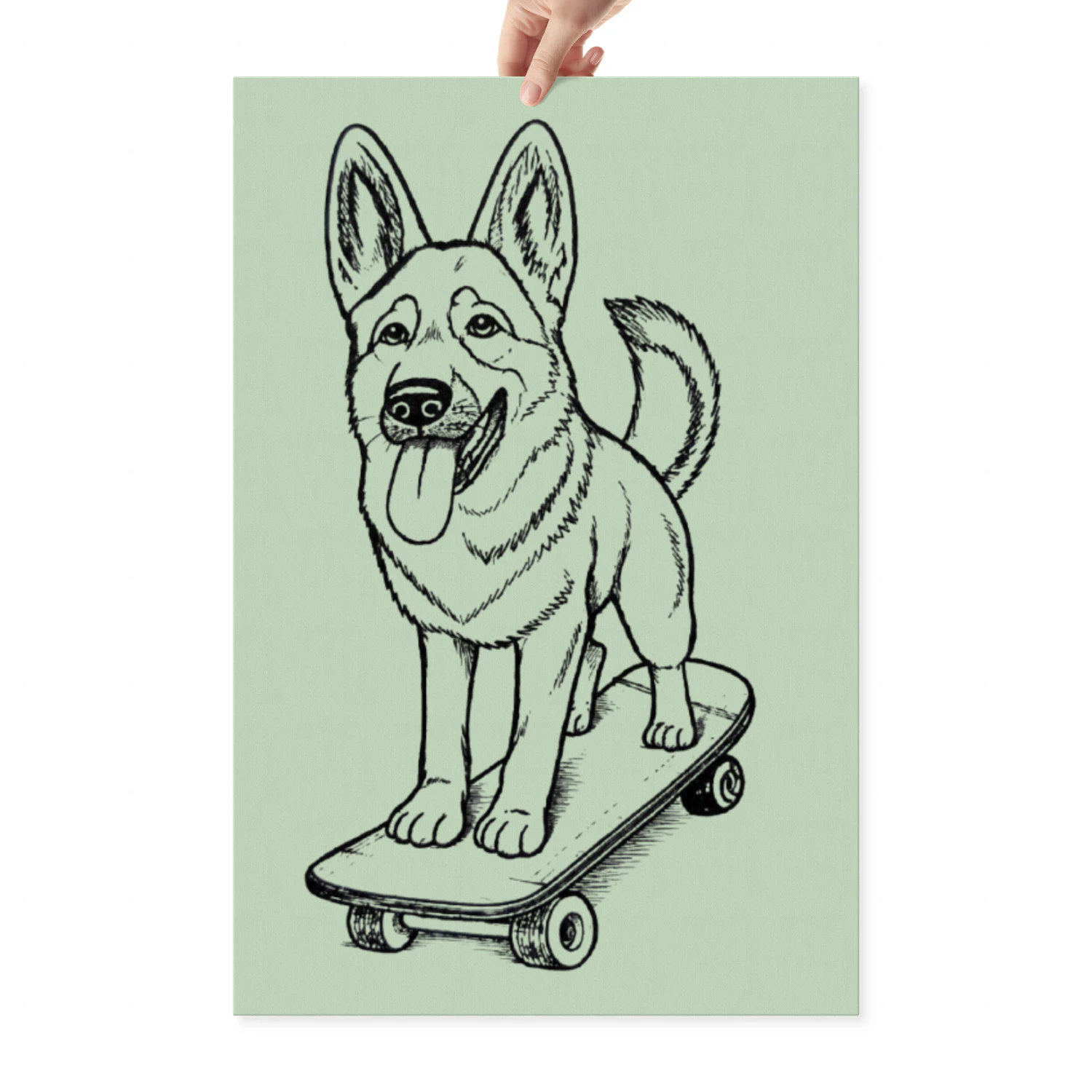 A detailed hand-drawn illustration of a German Shepherd standing confidently on a skateboard capturing its loyal intelligent and energetic personality