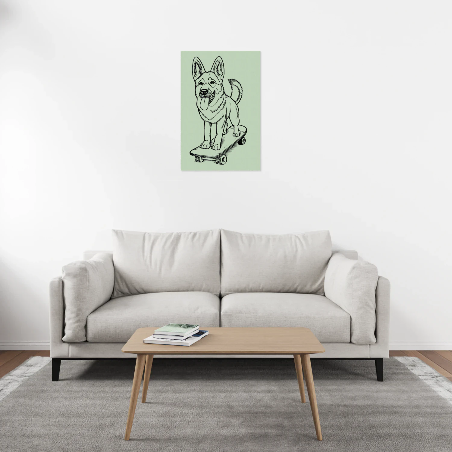 A detailed hand-drawn illustration of a German Shepherd standing confidently on a skateboard capturing its loyal intelligent and energetic personality