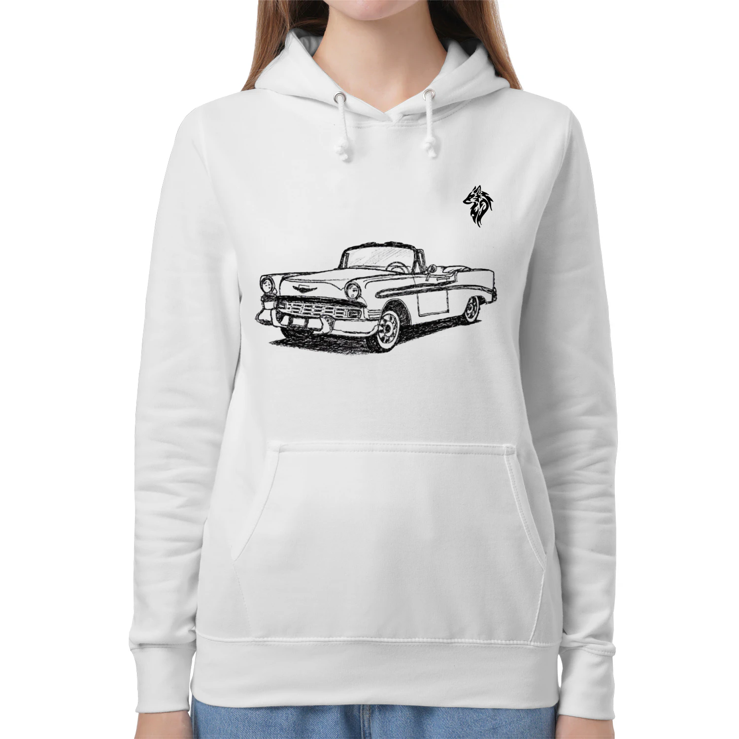 A detailed hand-drawn illustration of a classic 1956 Chevrolet Bel Air convertible, capturing its iconic vintage American design and timeless character