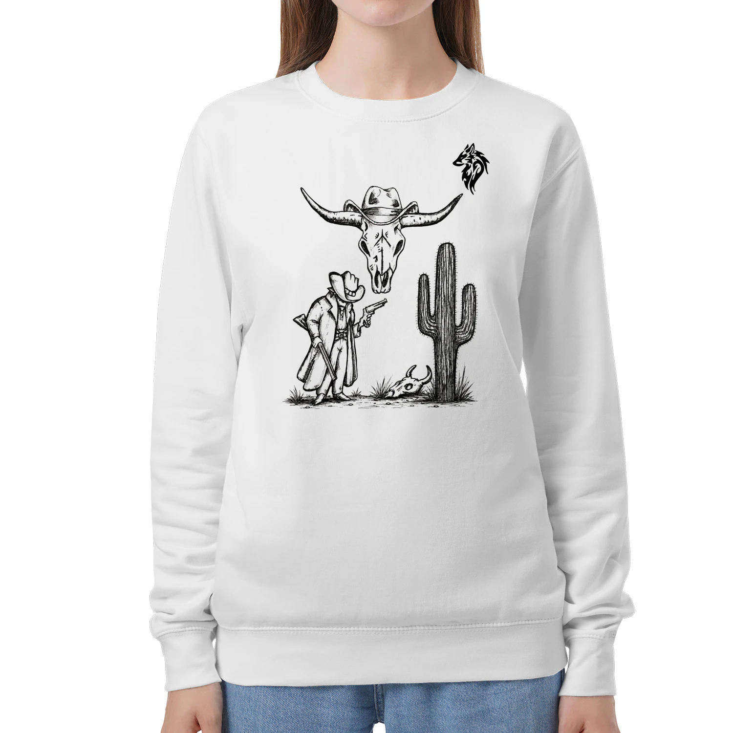 A hand-drawn scene inspired by the American West—a bull skull, a cowboy, and a cactus.