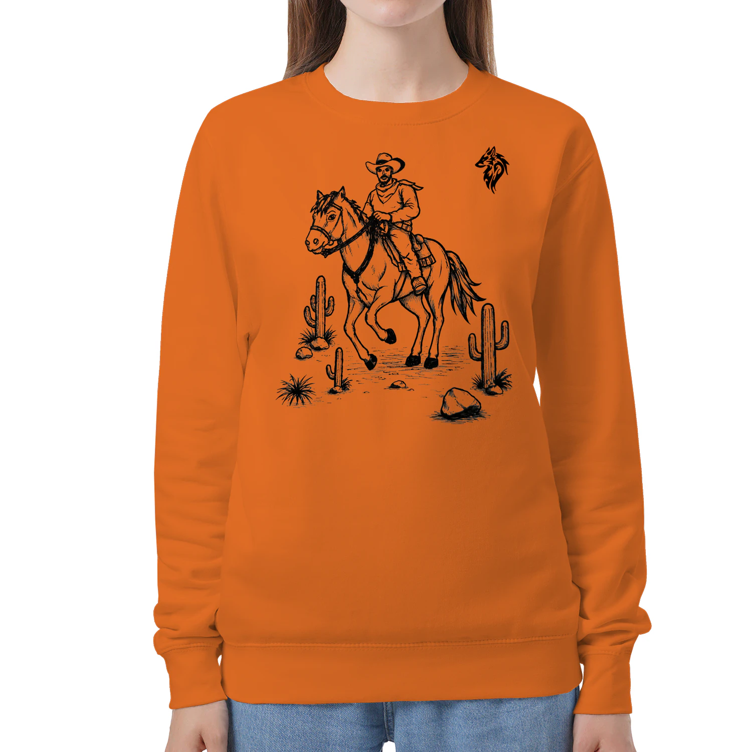 A cowboy riding a horse a design that evokes strengthunisex