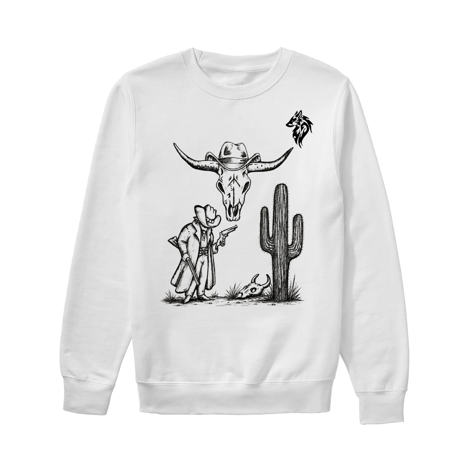 A hand-drawn scene inspired by the American West—a bull skull, a cowboy, and a cactus.