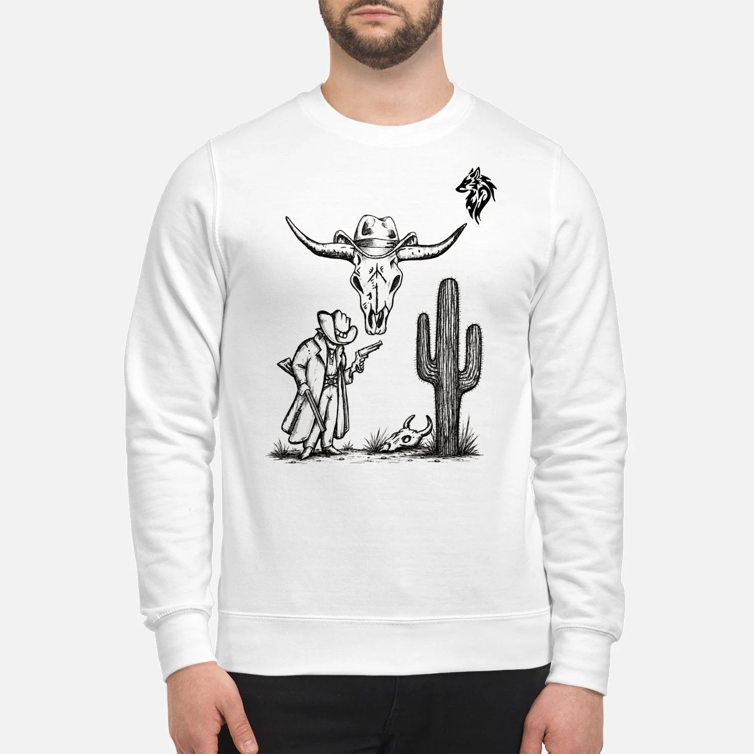 A hand-drawn scene inspired by the American West—a bull skull, a cowboy, and a cactus.