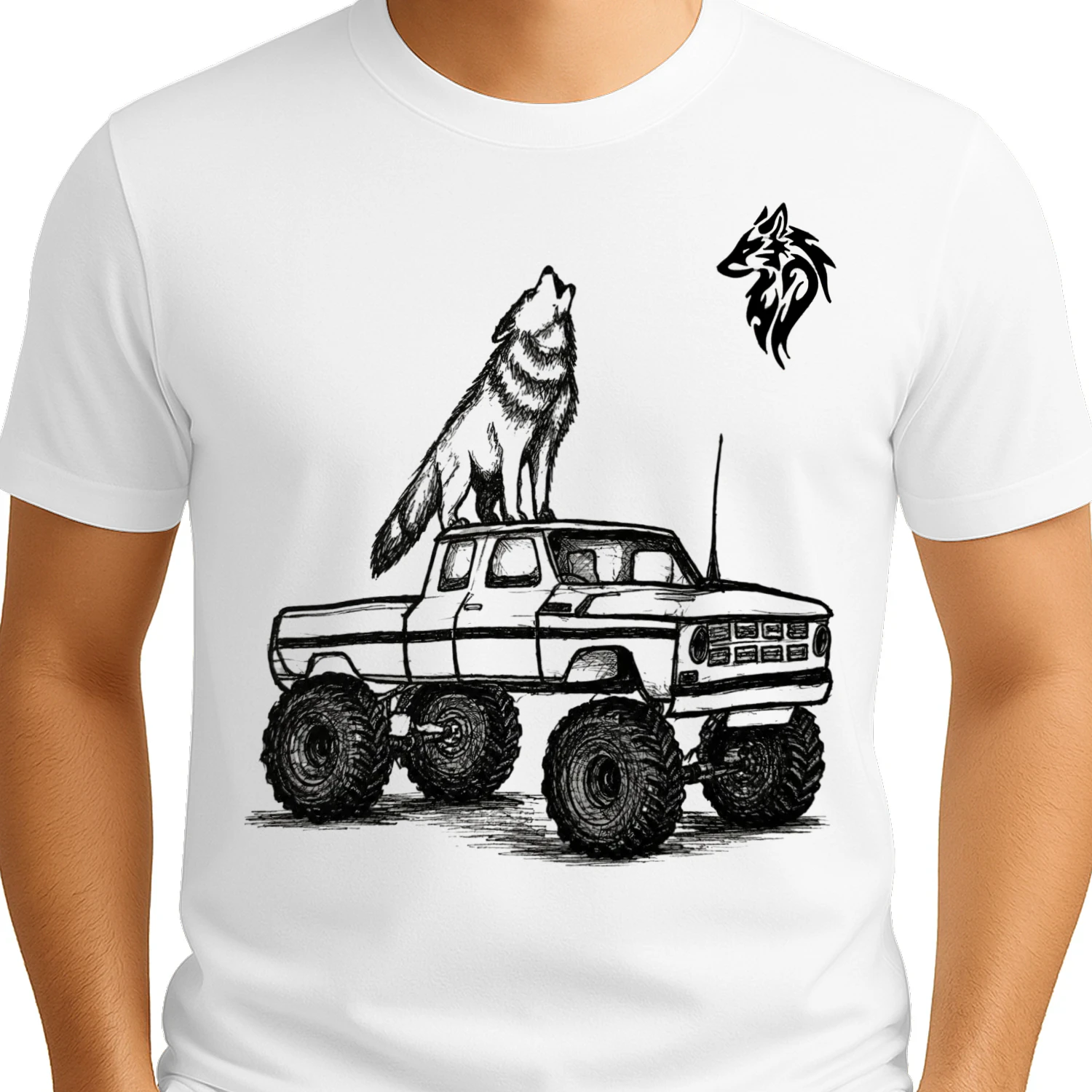 A hand-painted, unisex T-shirt featuring a design of a wolf howling atop a car.