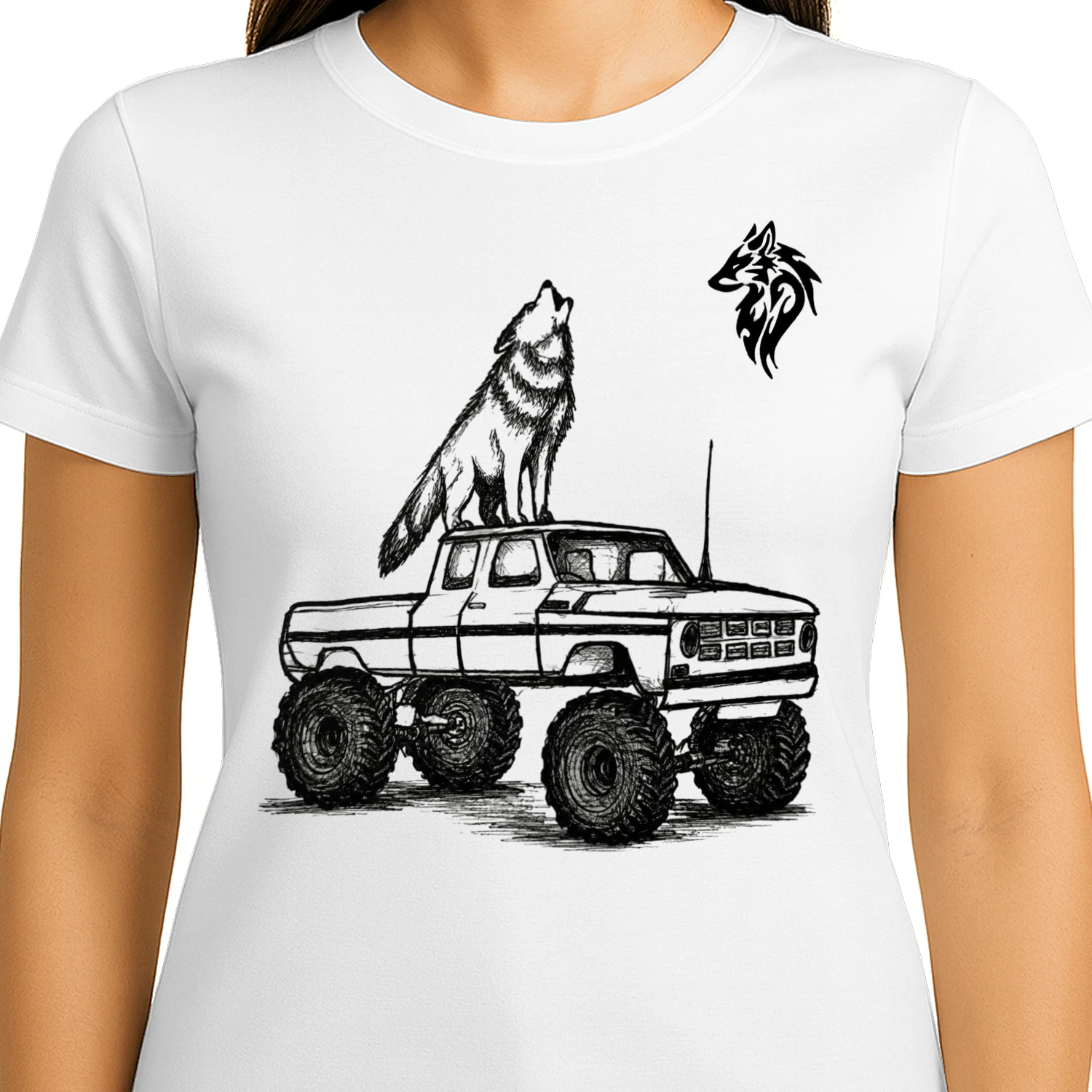 A hand-painted, unisex T-shirt featuring a design of a wolf howling atop a car.