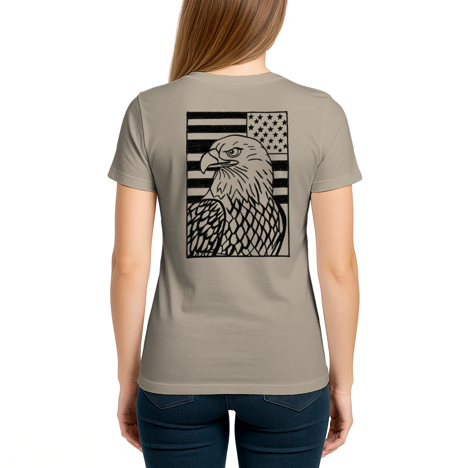 A background featuring the American flag and an eagle with a fierce gaze, symbolizing strength.Unisex