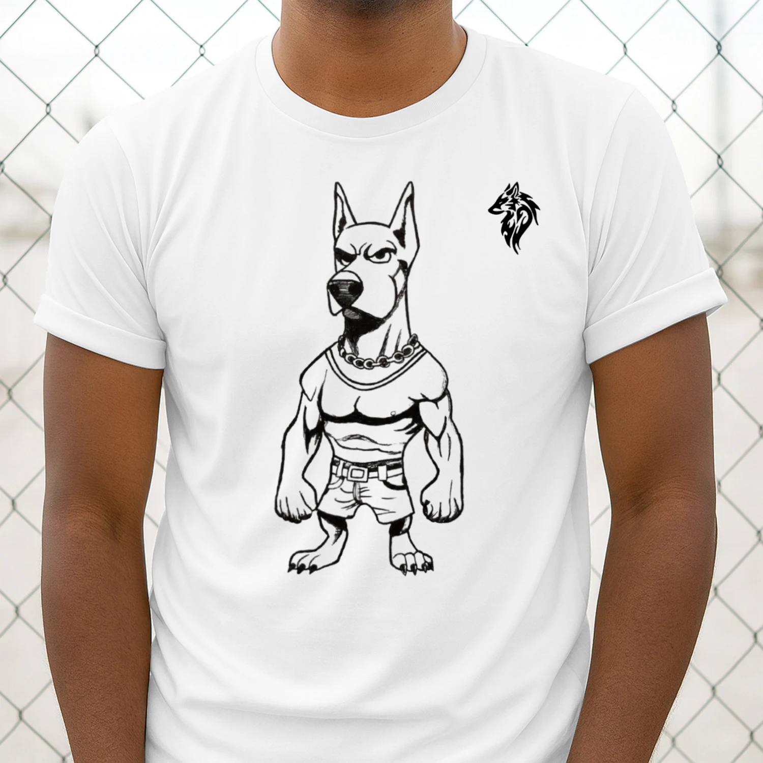 A spontaneous, hand-drawn sketch of a stocky, muscular Doberman.Unisex