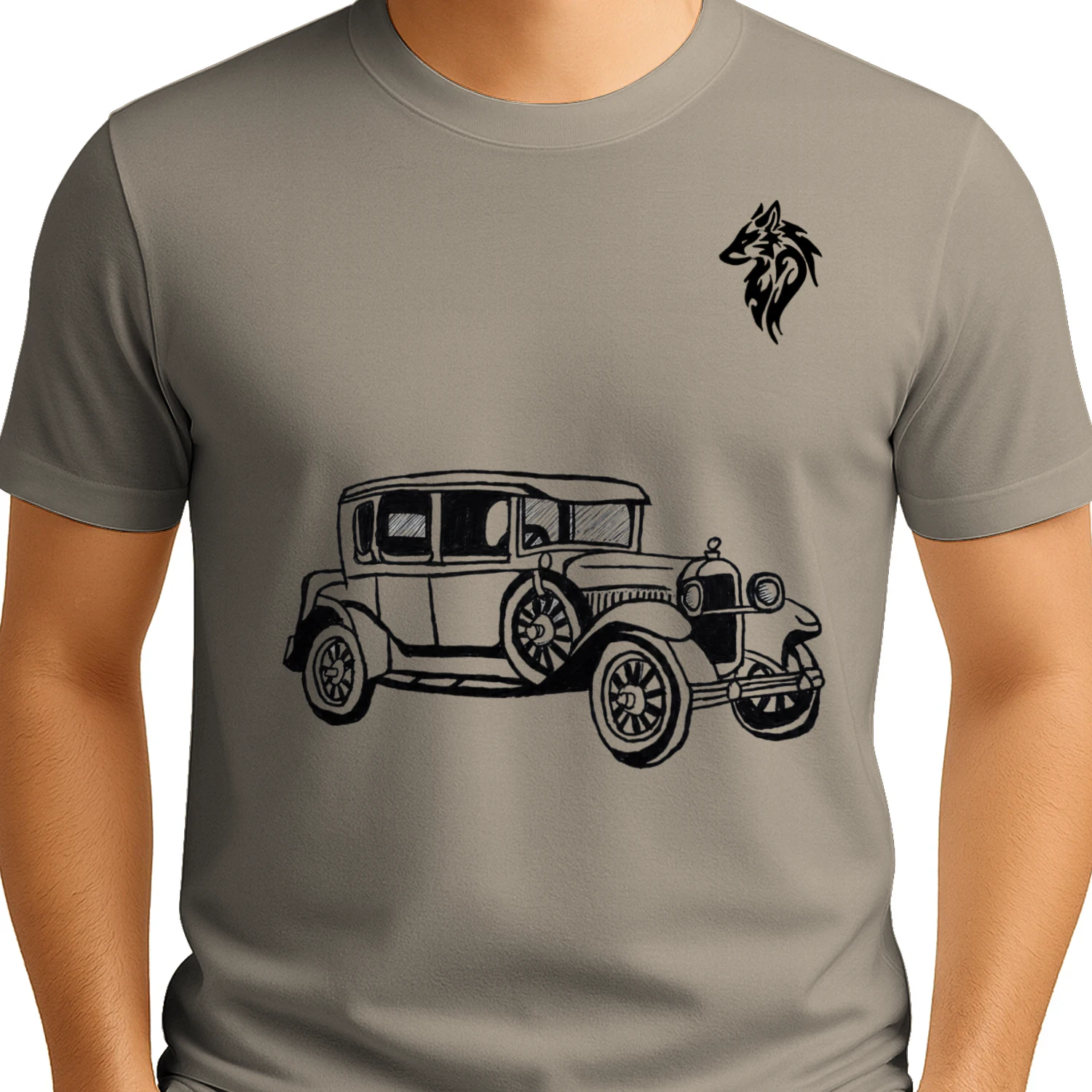 A hand-drawn sketch of a 1930s-era car, symbolizing the past.Unisex
