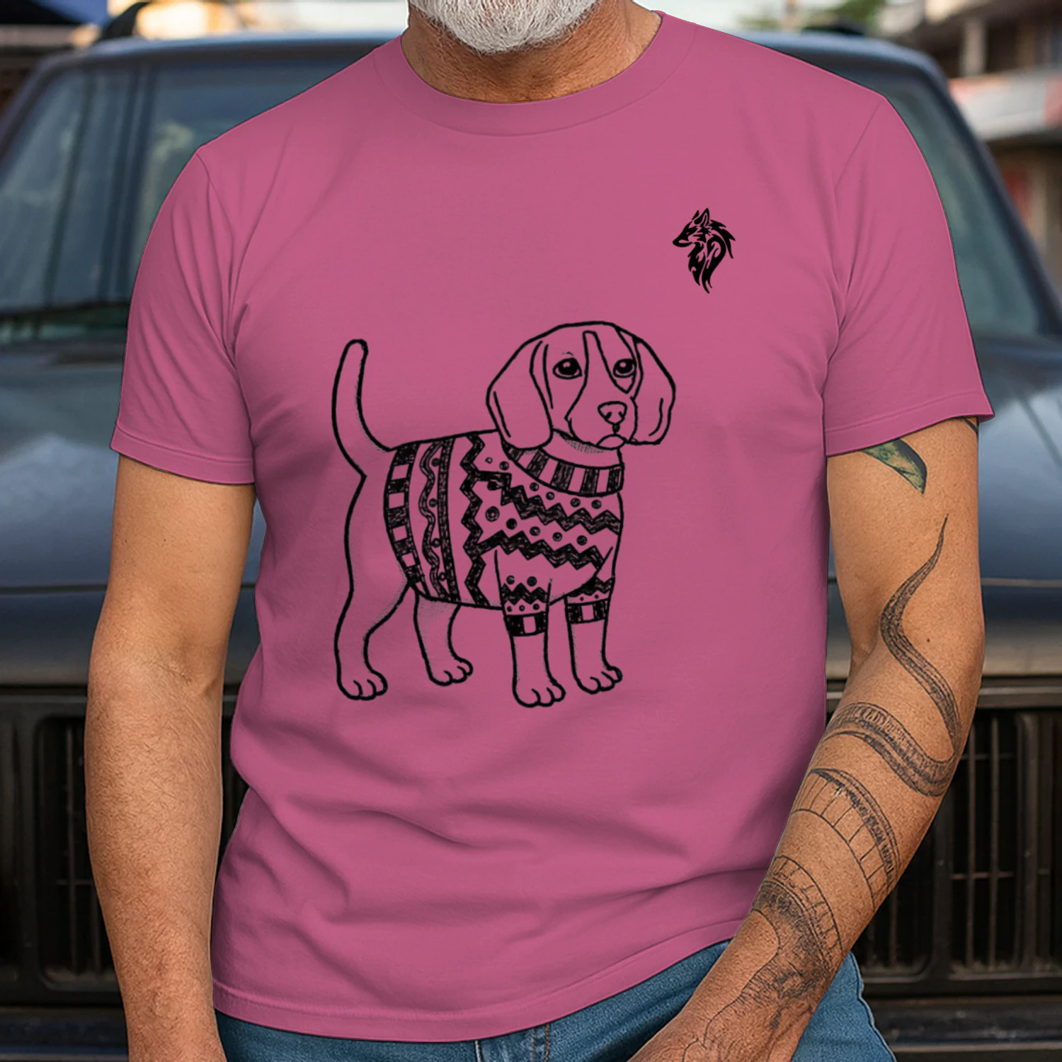 A cute hand-drawn illustration of a Beagle wearing a patterned shirt.Unisex