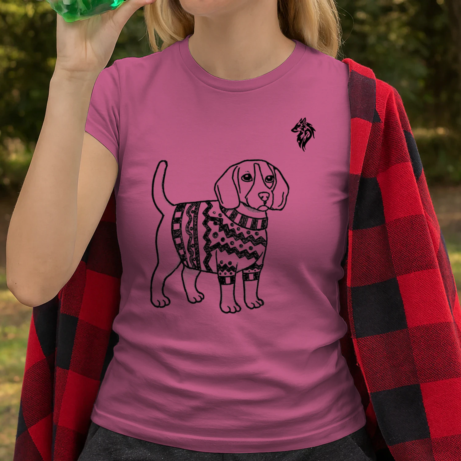 A cute hand-drawn illustration of a Beagle wearing a patterned shirt.Unisex