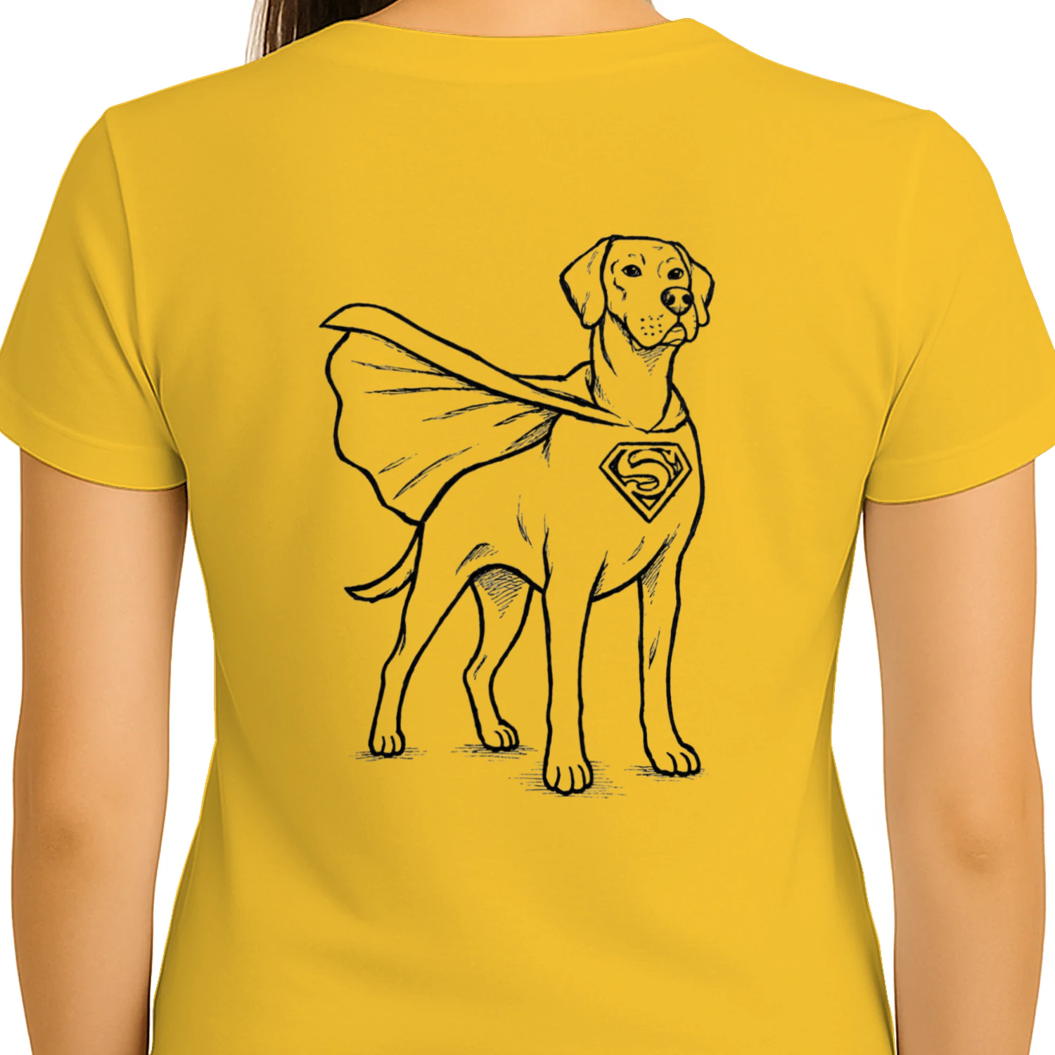 Hand-drawn illustration of a superhero dog inspired by “Superman”.Unisex
