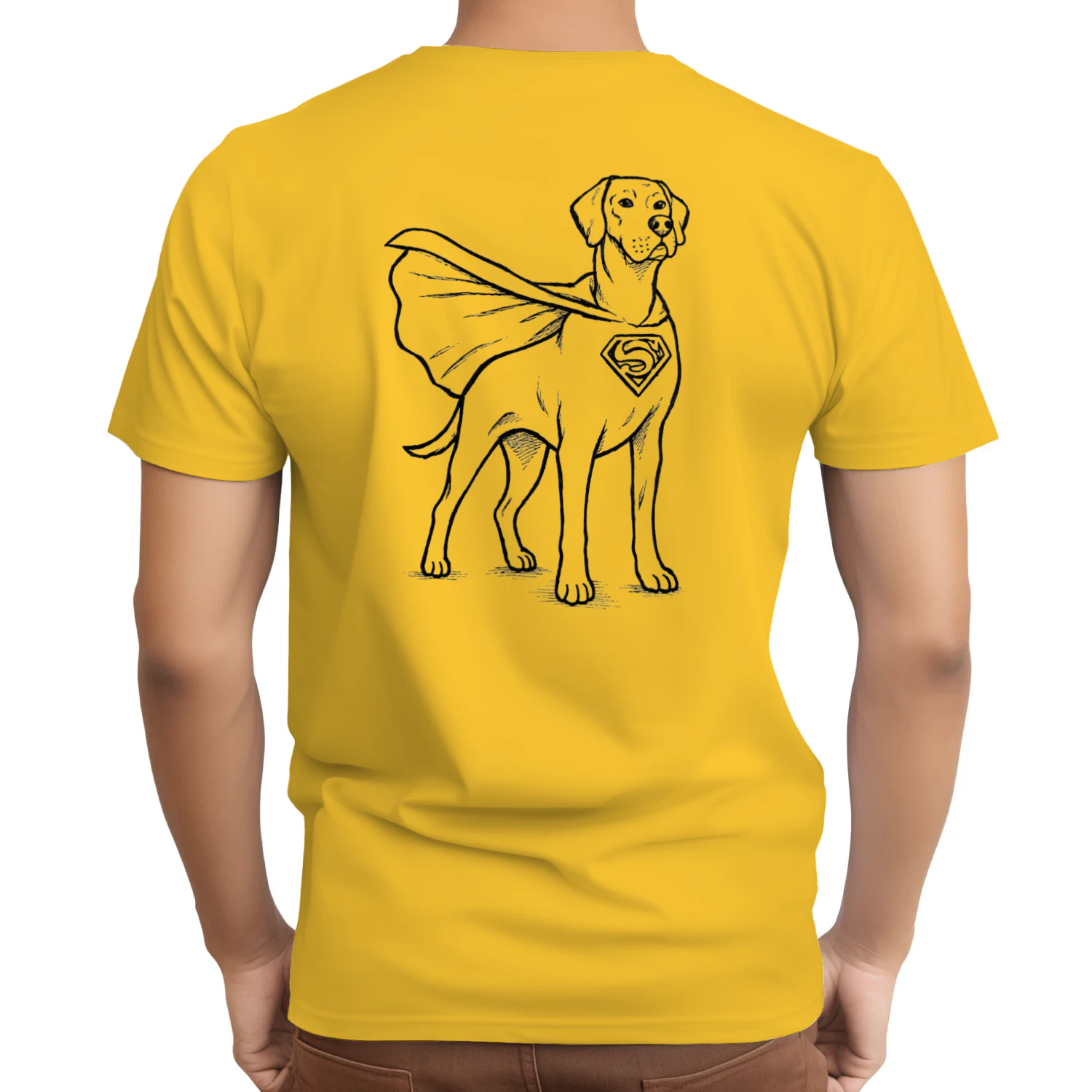 Hand-drawn illustration of a superhero dog inspired by “Superman”.Unisex