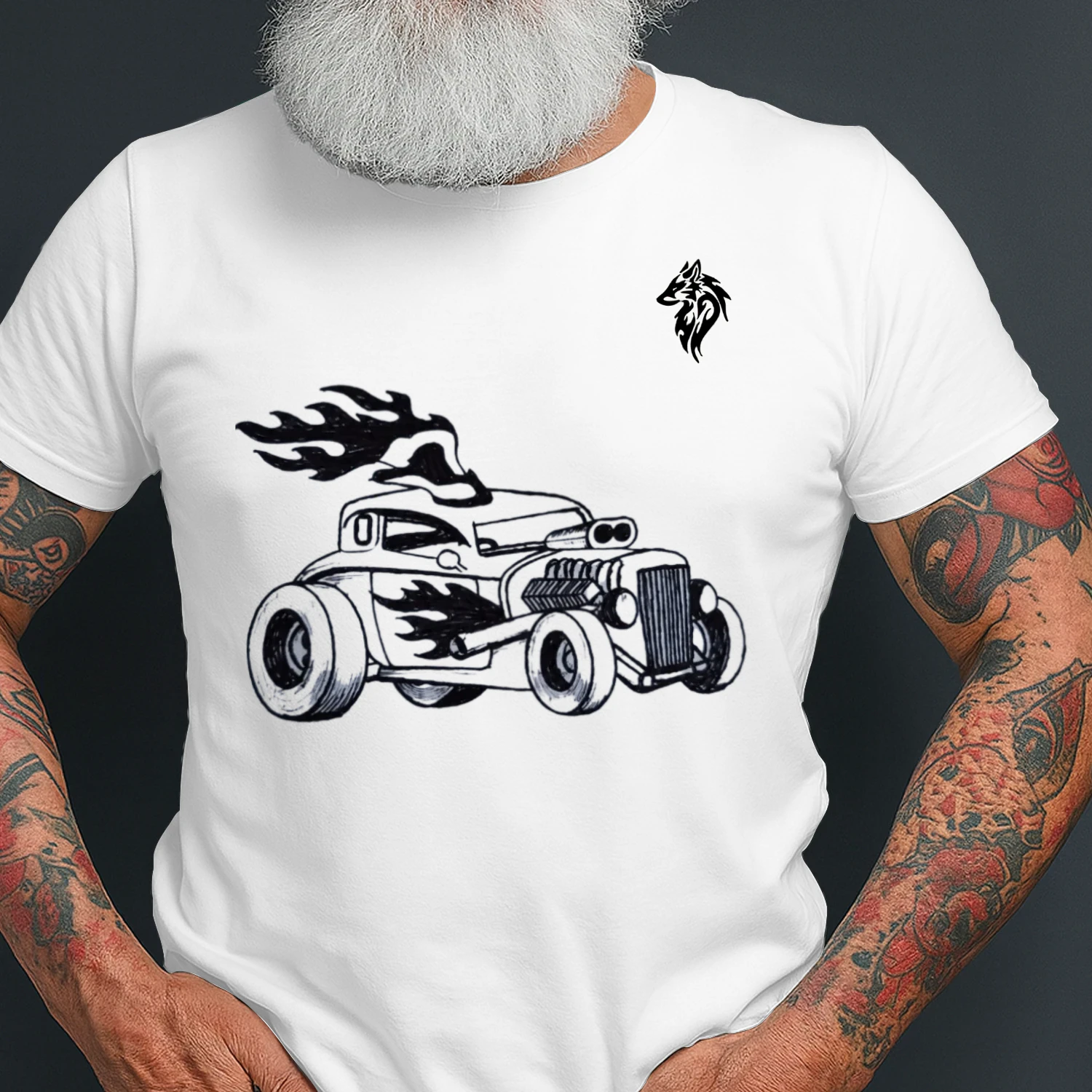 An expressive hand-drawn 1932 Ford Hot Rod brought to life with bold ink strokes roaring flames and the untamed spirit of classic American roads