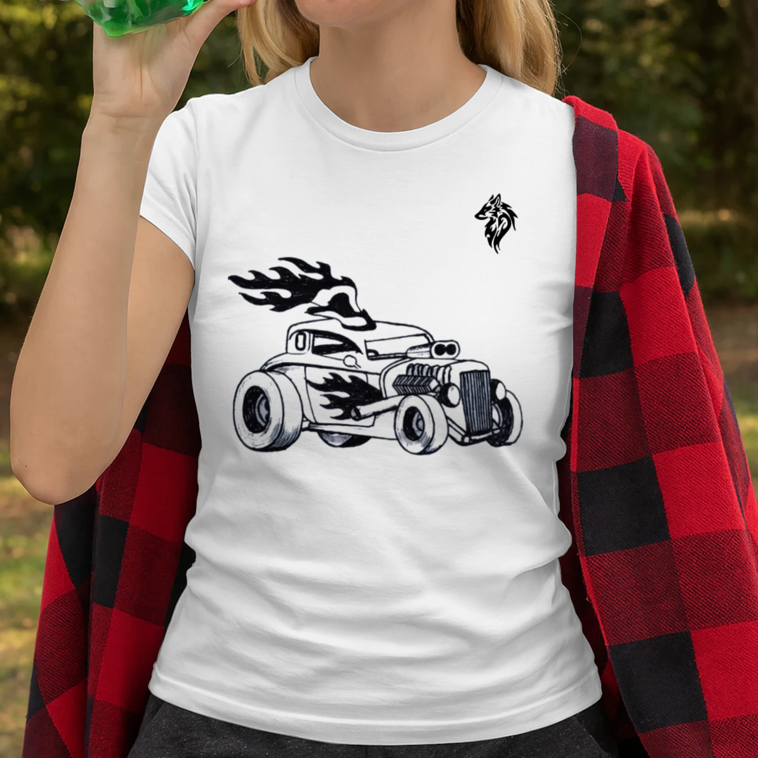 An expressive hand-drawn 1932 Ford Hot Rod brought to life with bold ink strokes roaring flames and the untamed spirit of classic American roads