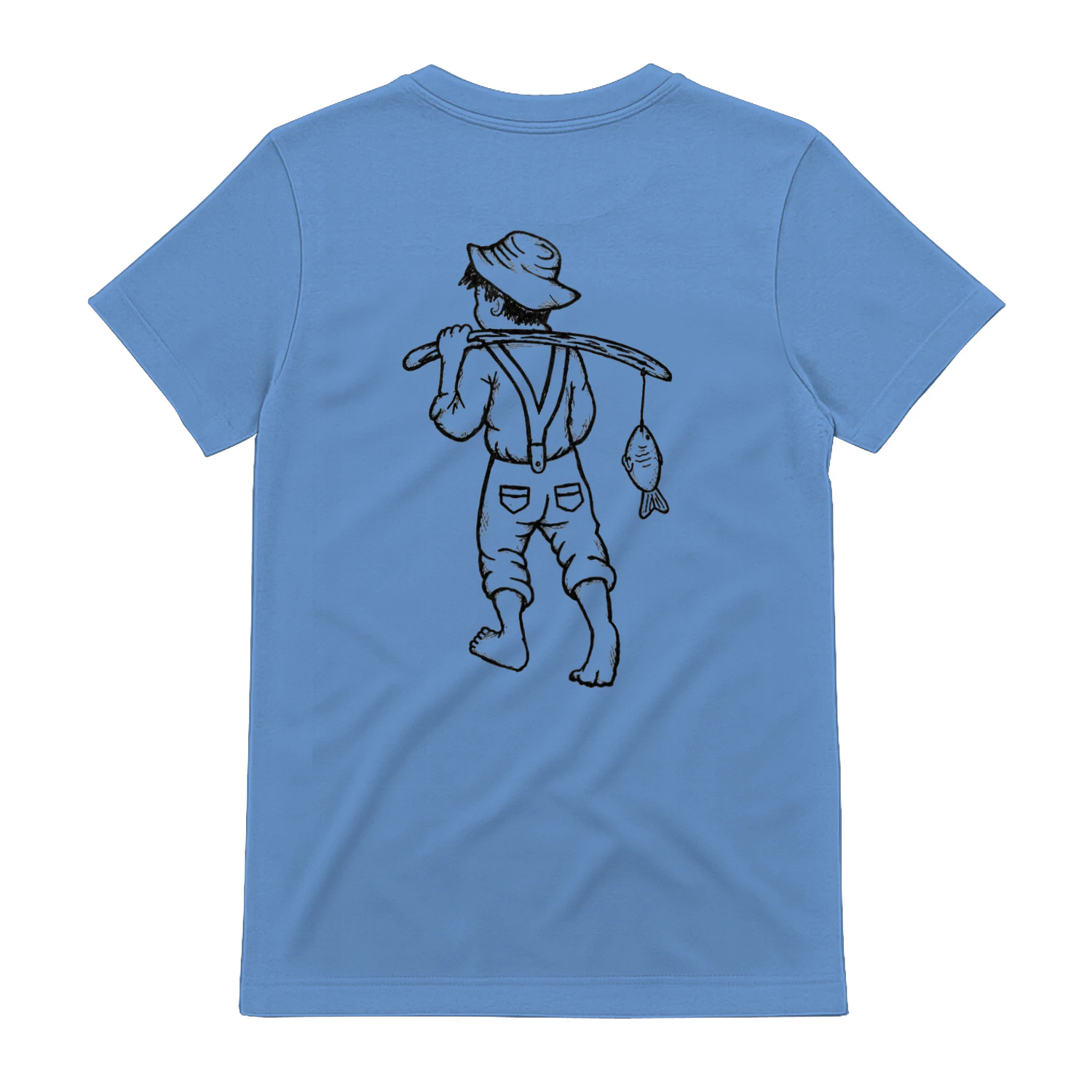 An expressive hand-drawn fisherman carrying his catch capturing the quiet freedom simplicity and timeless spirit of life by the water