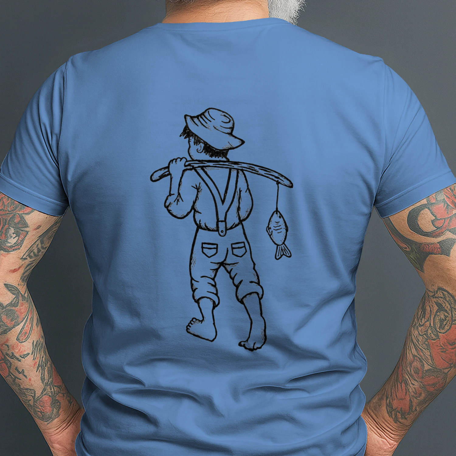 An expressive hand-drawn fisherman carrying his catch capturing the quiet freedom simplicity and timeless spirit of life by the water