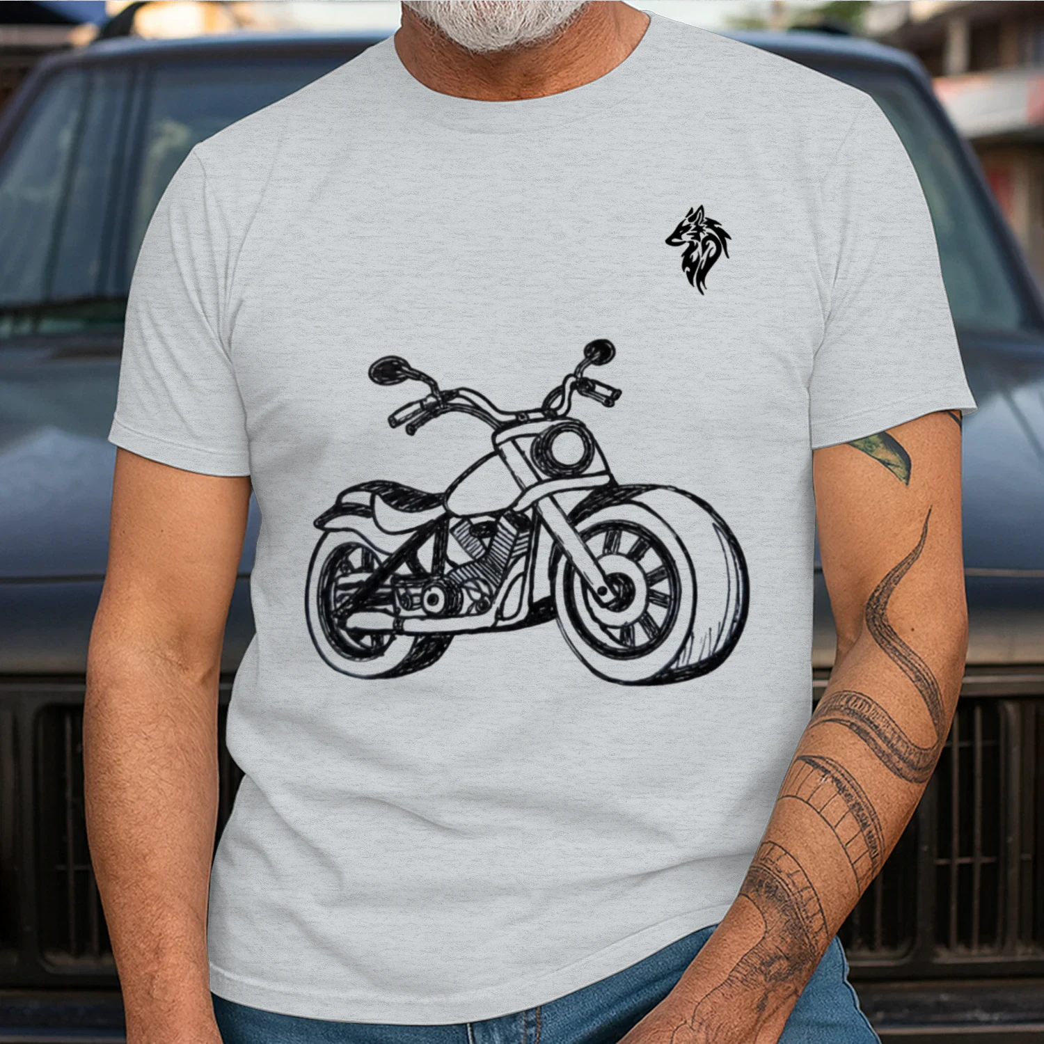 An expressive hand-drawn cruiser motorcycle captured in bold ink strokes that blend raw character freedom and timeless road spirit