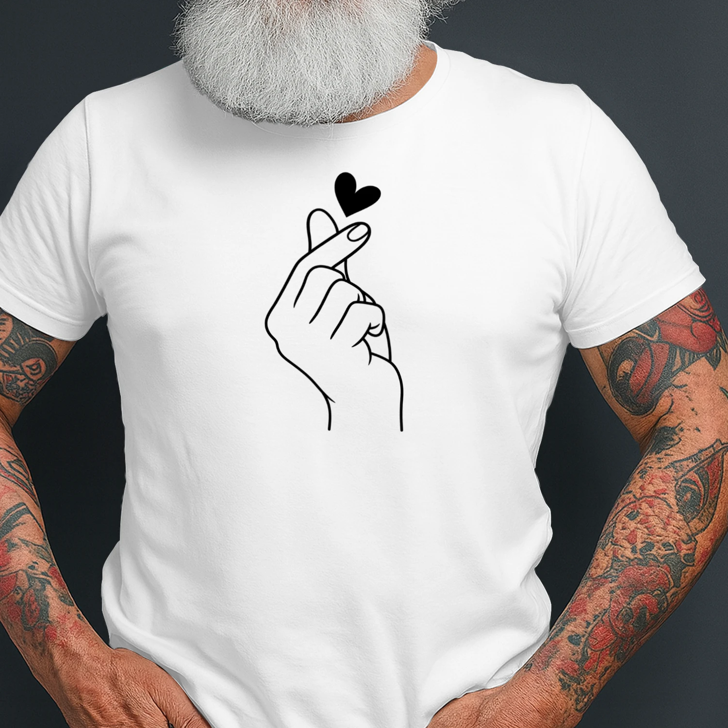 Finger Heart Print T-Shirt, Short Sleeve Crew Neck Casual Top for Summer & Spring, Women's Clothing 