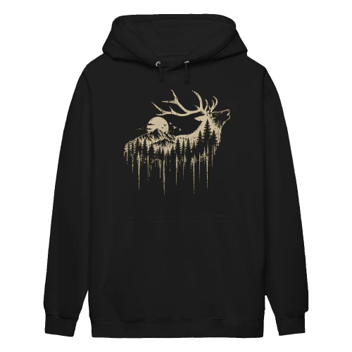 Rothirsch Hoodie für Jäger – Hirsch im Wald mit Bergen und Vollmond – Jagd Geschenk für Naturfreunde und Outdoor-Fans