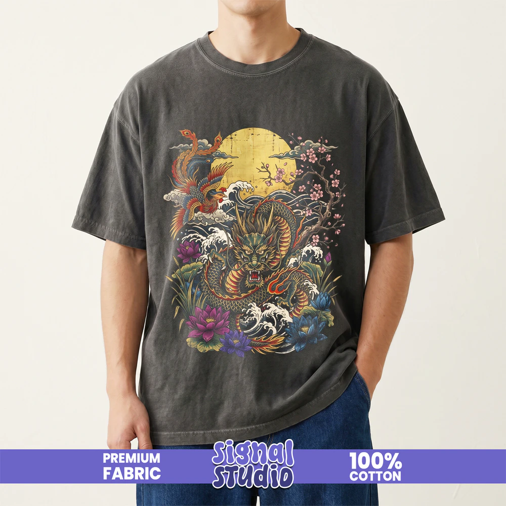 Japanese Dragon & Phoenix Tee - Ukiyo-e Folklore Tattoo Graphic T-Shirt