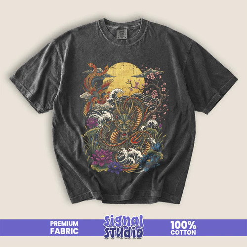 Japanese Dragon & Phoenix Tee - Ukiyo-e Folklore Tattoo Graphic T-Shirt