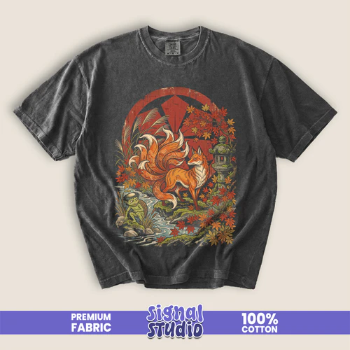 Autumn Fox Illustration T-shirt | Falling Leaves Woodland Art Tee