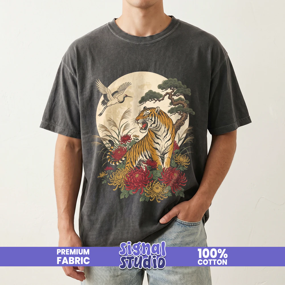Japanese Tiger & Crane Tee - Ukiyo-e Tattoo Wildlife Graphic T-Shirt