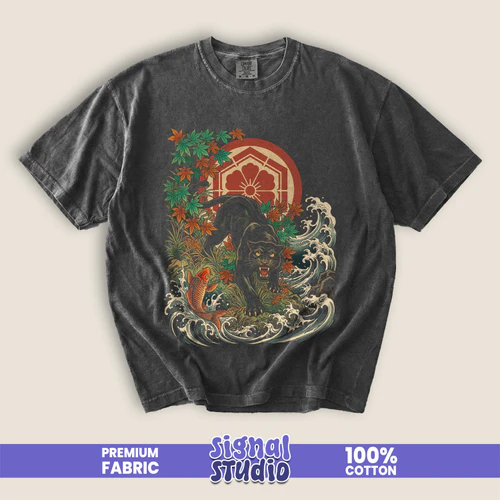 Japanese Panther & Koi Fish Tee - Ukiyo-e Tattoo Graphic T-Shirt
