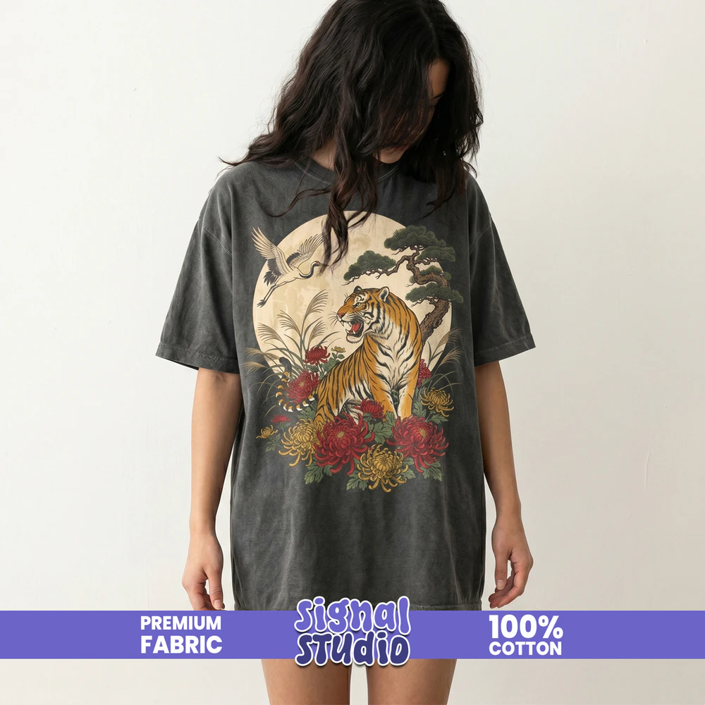Japanese Tiger & Crane Tee - Ukiyo-e Tattoo Wildlife Graphic T-Shirt