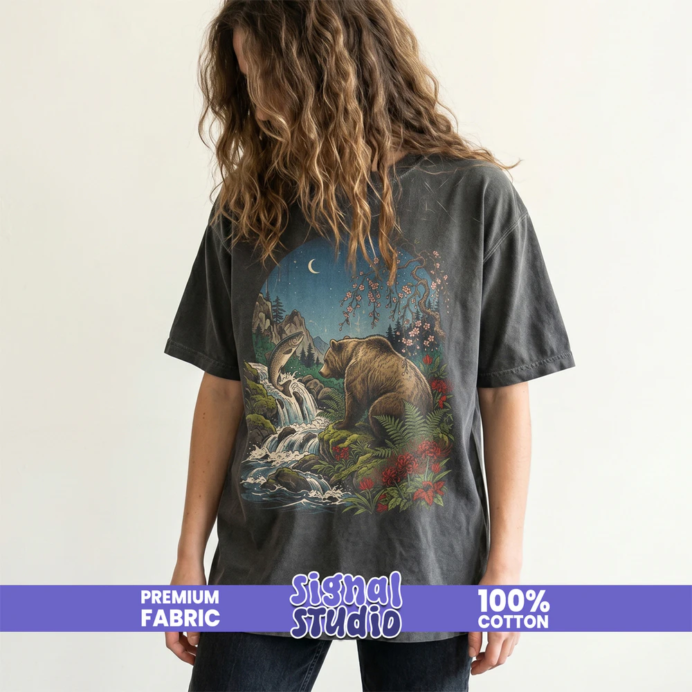 Japanese Bear & Salmon Tee - Ukiyo-e Landscape Graphic T-Shirt